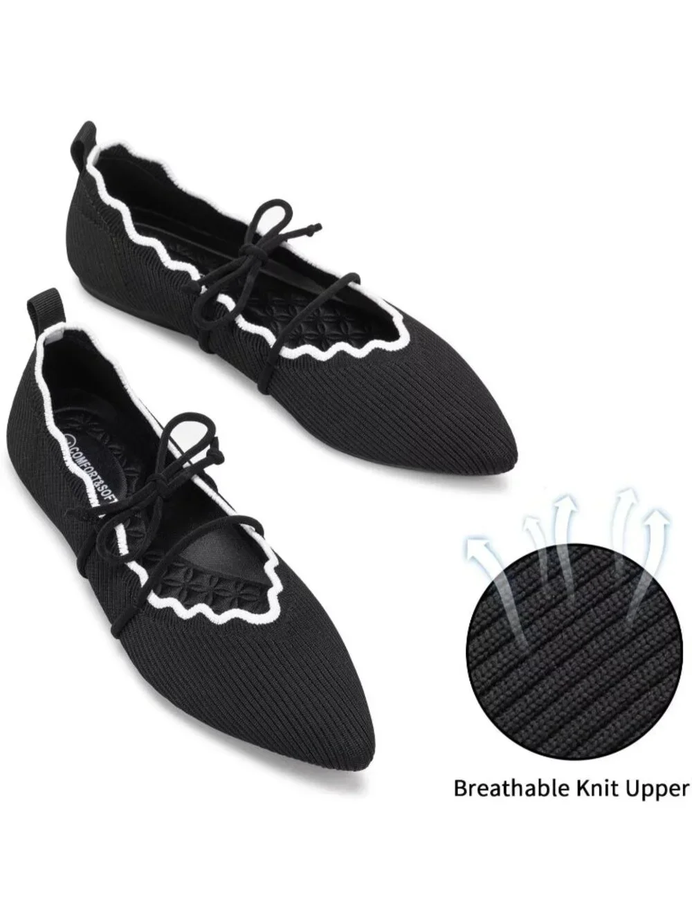 Women's Black Rubber Knitted Slip On Pointed Toe with Ruffled Vamp Elastic Flats